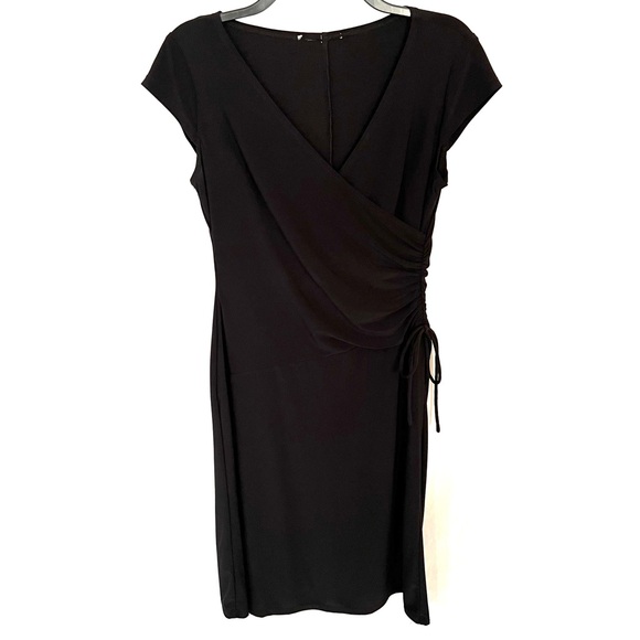 **SOLD** Black Faux Wrap Midi Dress with Flattering Ruched Waist Size 8 - Picture 5 of 9